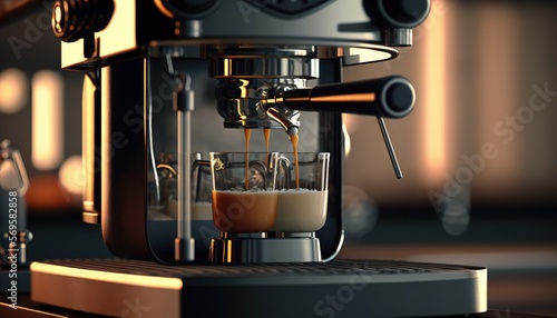  an espresso machine with a cup of coffee being filled with liquid from the espresso machine's pumper and steam coming out of the espresso. Generative AI