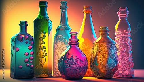  a group of colorful glass bottles sitting on top of a table next to each other on a tablecloth covered tablecloth with a colorful background. Generative AI