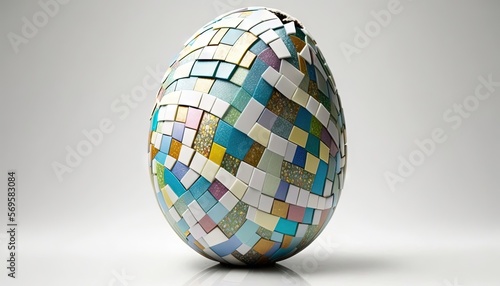  a mosaic egg sitting on top of a white tablecloth covered table top with a white background and a gray wall in the back ground. Generative AI
