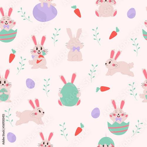 Happy easter seamless pattern with funny rabbits holding chickens eggs carrots