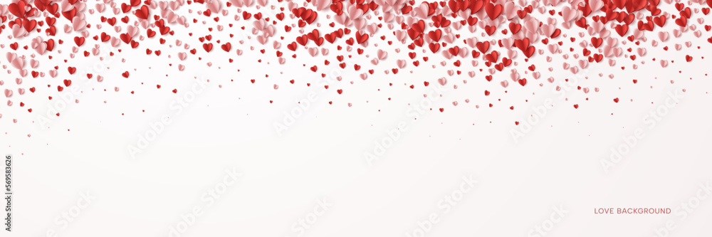Pink hearts confetti isolated on transparent wide background.