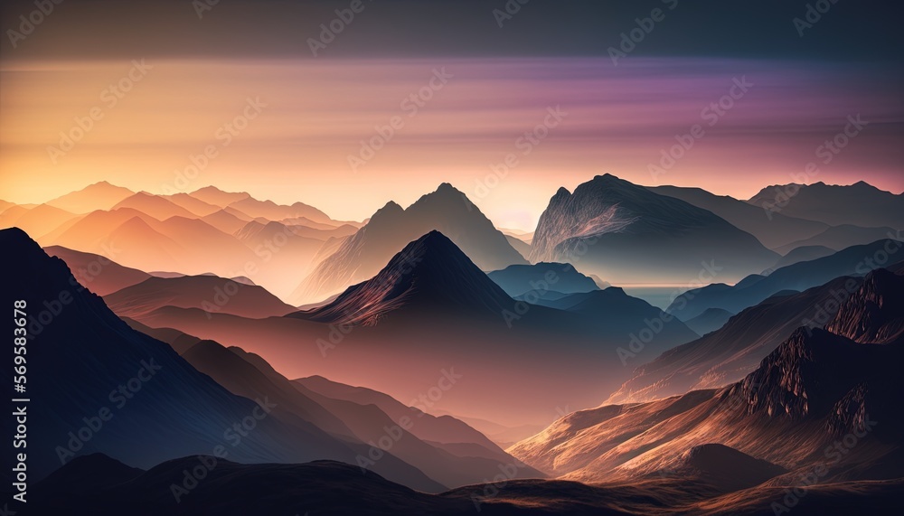  a view of a mountain range with a sunset in the background and a purple sky in the foreground with a few clouds in the distance. Generative AI