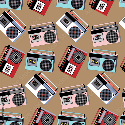 Pattern with tape recorders. Cassette recorder. Vector illustration. For printing on fabric and paper.