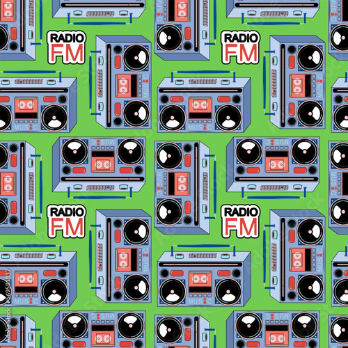 Pattern with tape recorders. Cassette recorder. Vector illustration. For printing on fabric and paper.