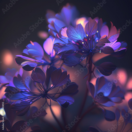 Mystical flowers with purple petals. Beautiful Ai generated fantasy background