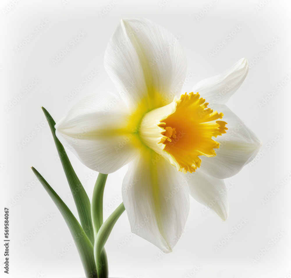 White and yellow narcissus, daffodil close up isolated on white. Generative AI