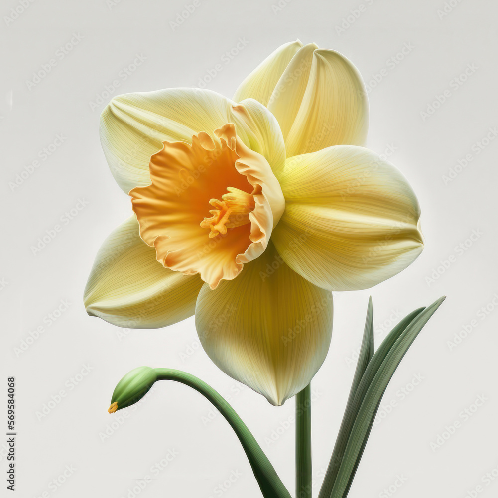 Fototapeta premium White and yellow narcissus, daffodil close up isolated on white. Generative AI