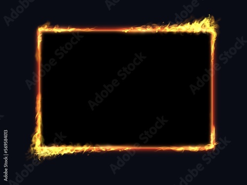 fire frame with alpha channel. Fire flames on black square frame, black background.