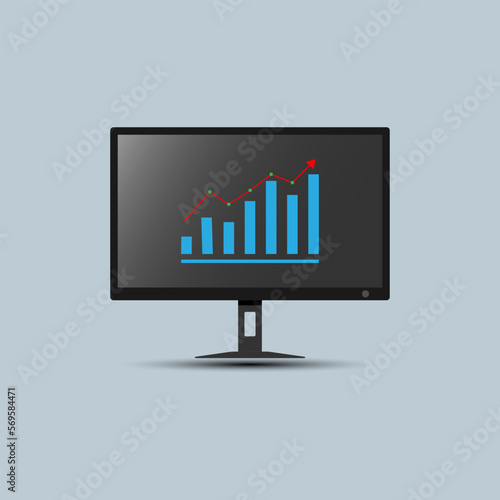 Vector gradient black computer pc monitor with growth business chart diagram small shadow