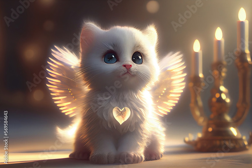 Cute white baby kitten with wings and a golden heart. Cat angel. Romantic image and atmosphere. AI.