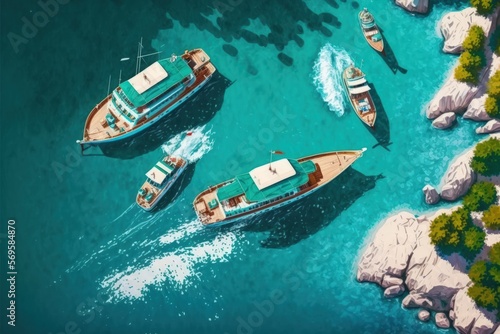 airborne boats. aerial view of the Turkish coast. Clear, summertime water in a sunny day. aerial view of boats from the top. aerial view of the sea in summer. image of travel. Generative AI © 2rogan