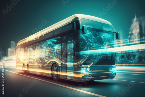 Modern electric bus driving in a smart city. Futuristic transportation ecology concept. Generative ai.