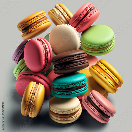 Cakes macaron or macaroon stack on light grey background, colorful vibrant almond cookies, bright colors.