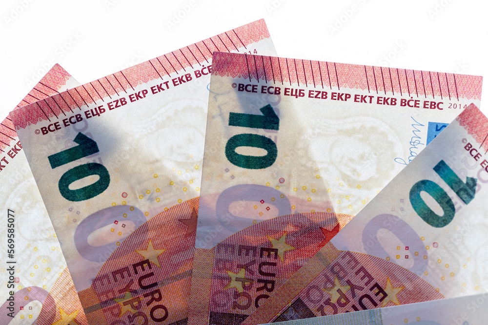 European cash banknotes with a face value of 10 euros close-up European cash banknotes with a face value of 10 euros close-up