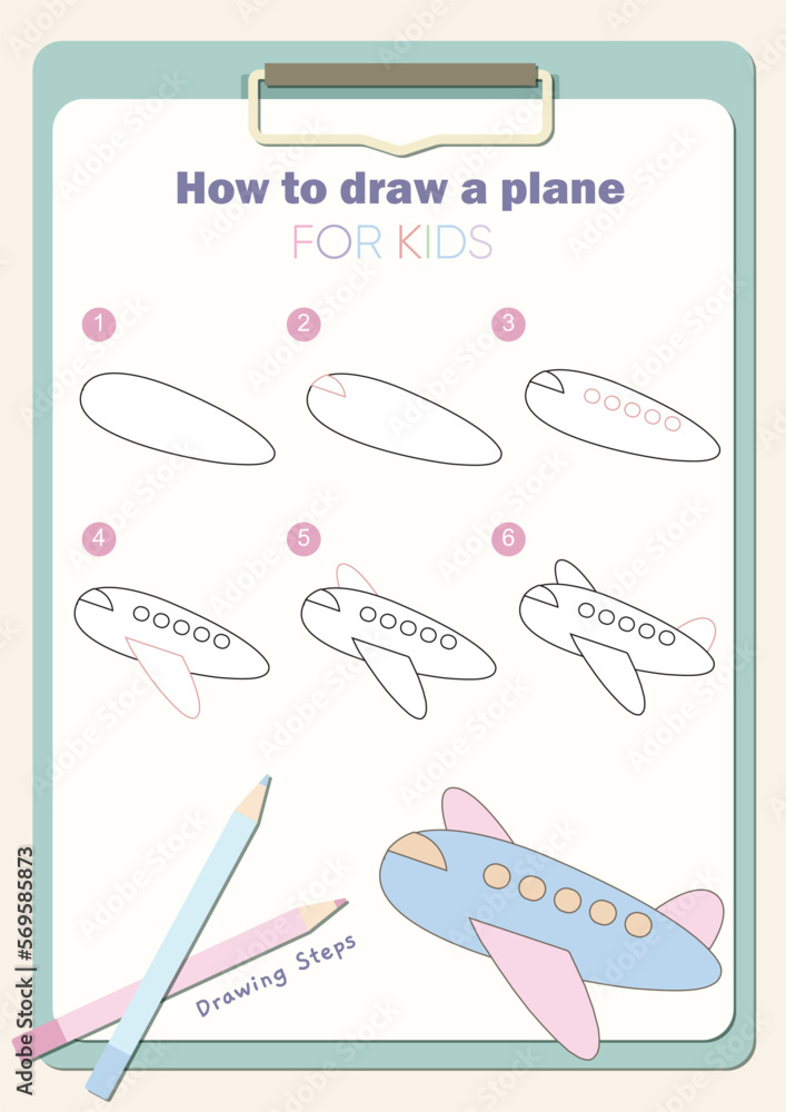 How to draw a plane for kids, printable vector illustration, drawing ...