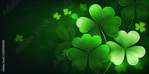 Green background with leaved shamrocks, Lucky Irish Four Leaf Clover in the Field
