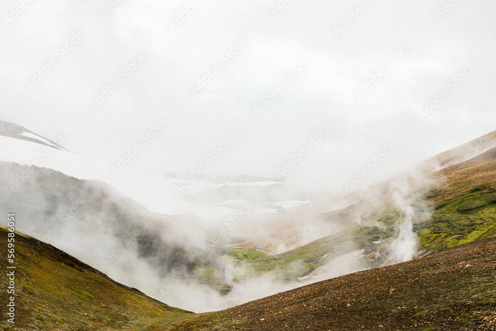 View of volcanic landscape in Iceland on a cloudy day