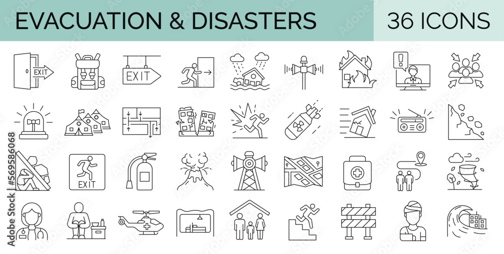 Set of 36 editable stroke icons related to evacuation, disasters, emergencies. Collection of outline symbols. Vector illustration