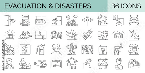 Set of 36 editable stroke icons related to evacuation, disasters, emergencies. Collection of outline symbols. Vector illustration