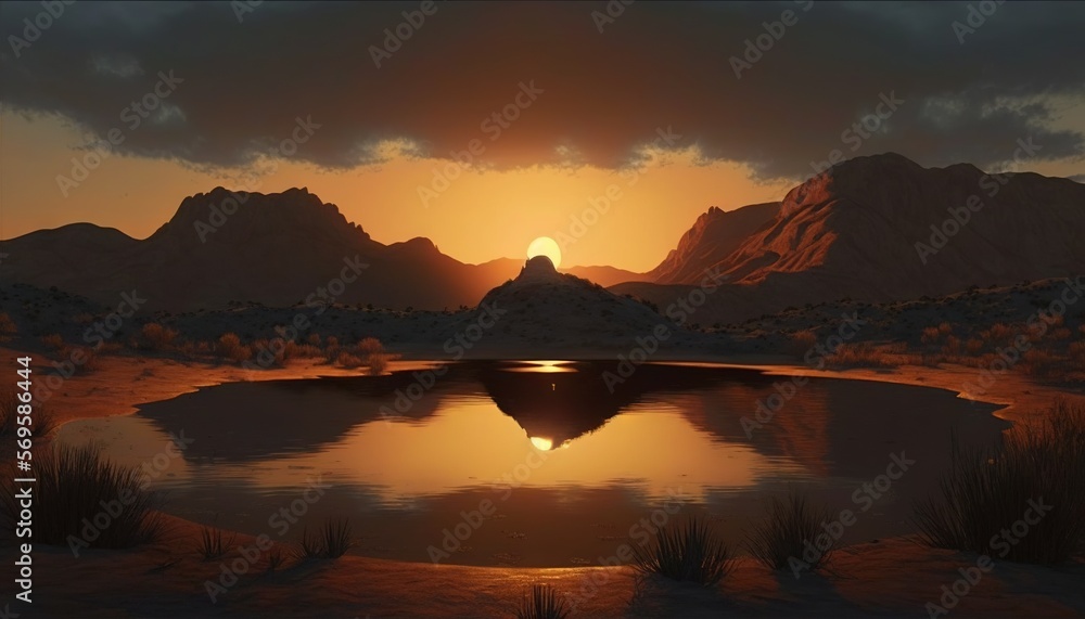  a painting of a sunset over a mountain range with a lake in the foreground and a mountain range in the background with a sun in the distance. Generative AI