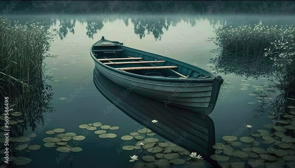  a small boat floating on top of a lake surrounded by lily paddling and a row boat on the water's edge with a rowboat in the foreground. Generative AI