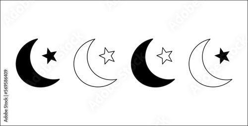 Set of star and crescent in black and white style, Happy Ramadan and Muslim, Islamic crescent. Vector icon.