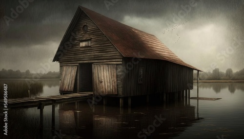  a boathouse sitting on top of a body of water under a dark sky with a bird flying over the roof of the boathouse. Generative AI