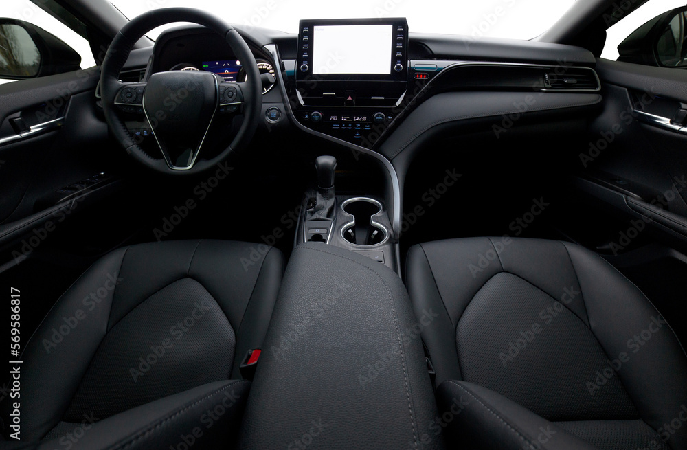 Inside moden car background, luxury car interior elements wallpaper. Black leather car interior with transparent outside background, png illustration