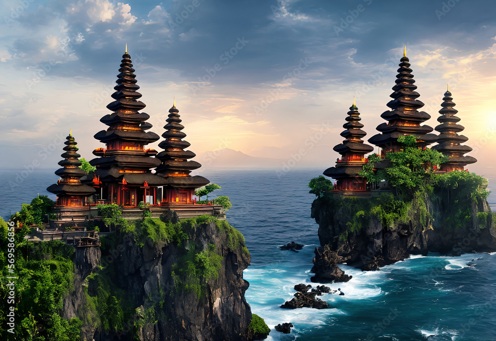 Illustration of Indonesian temple on the edge of a cliff at sunset