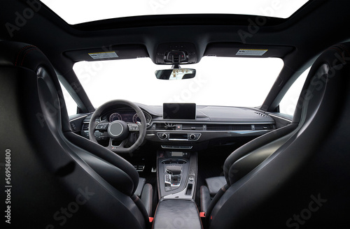 Modern luxury car interior elements wallpaper. Black leather car interior with transparent outside background, png illustration