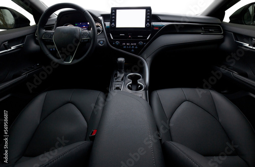 Inside moden car background, luxury car interior elements wallpaper. Black leather car interior with transparent outside background, png illustration © Studio-M