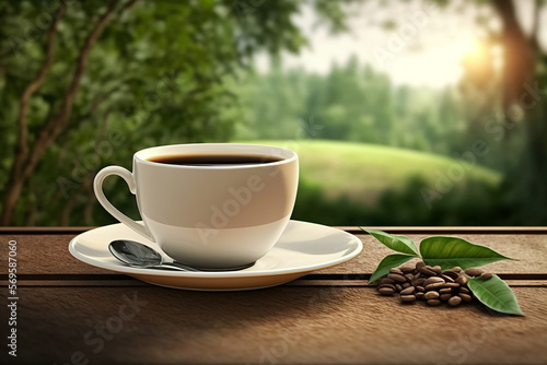 Morning coffee on table plantation background created with Generative AI technology