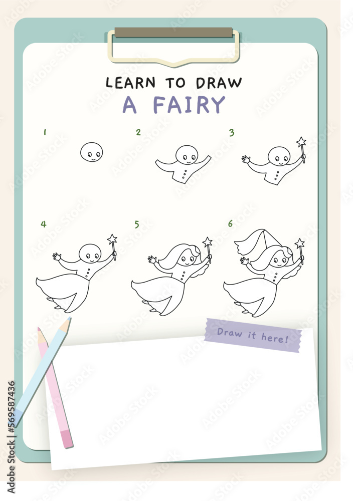Stockvector How to draw a fairy for kids, printable vector illustration ...