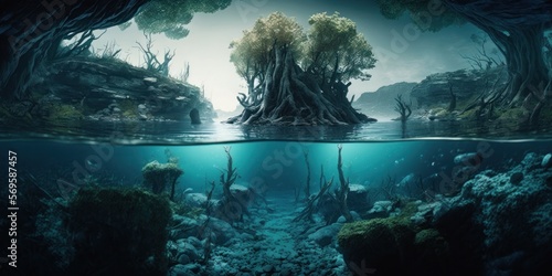 Beautiful underwater environment. Half Underwater, Endless Ocean: A Wide Shot into the Mysterious Deep. 