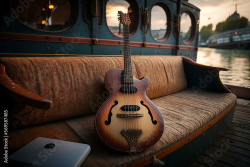 Guitar and Sunset. - Beautiful guitar, laid down on a boat on the Seine, in Paris at sunset. 
