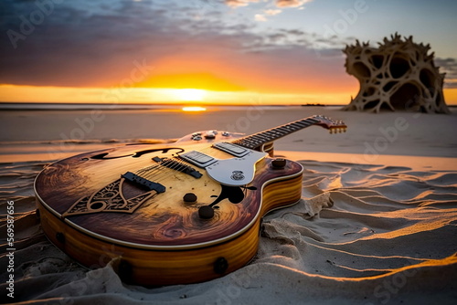 An amazing guitar on white beach at sunset.
Music, summer and holidays, simply beauty.