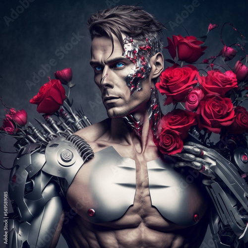generative ai illustration cyborg robot holdin red roses, valentine virtual futuristic love theme concept