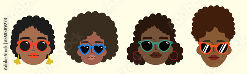Vector illustration set with Black Afro African American girl woman. Lady portrait head face with colored sunglasses,curly natural waves hair puff hairstyle drawing print collection
