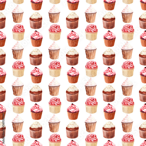 Watercolor seamless pattern with buns  cream cupcakes and ripe strawberries  raspberries and cherries