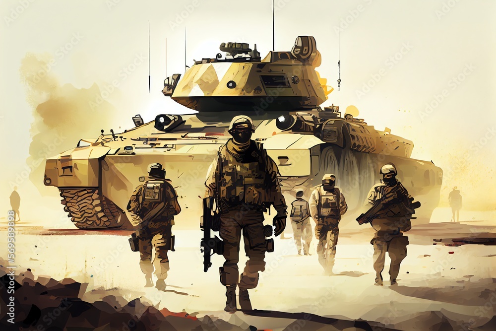 Military Forces in Full Tactical Gear and one tank, Wartime, Battlefield Illustration. Generative AI - obrazy, fototapety, plakaty 