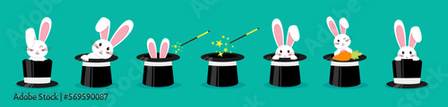 Magician's black hat, magic hat with bunny ears. Vector flat illustration in cartoon style.