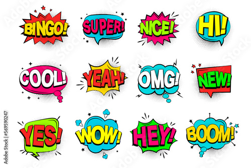 Comic colored speech bubbles and text phrase. Vector illustration