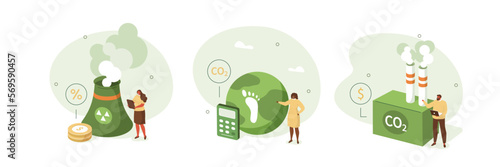 
Sustainability illustration set. Characters demonstrating methods of reducing CO2 impact through carbon management and taxes. Low carbon and environmental responsibility concept. Vector illustration.