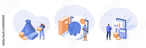 Financial management illustration set. Characters saving money in piggy bank and analyzing report. Personal finance planning and deposit growth concept. Vector illustration.
