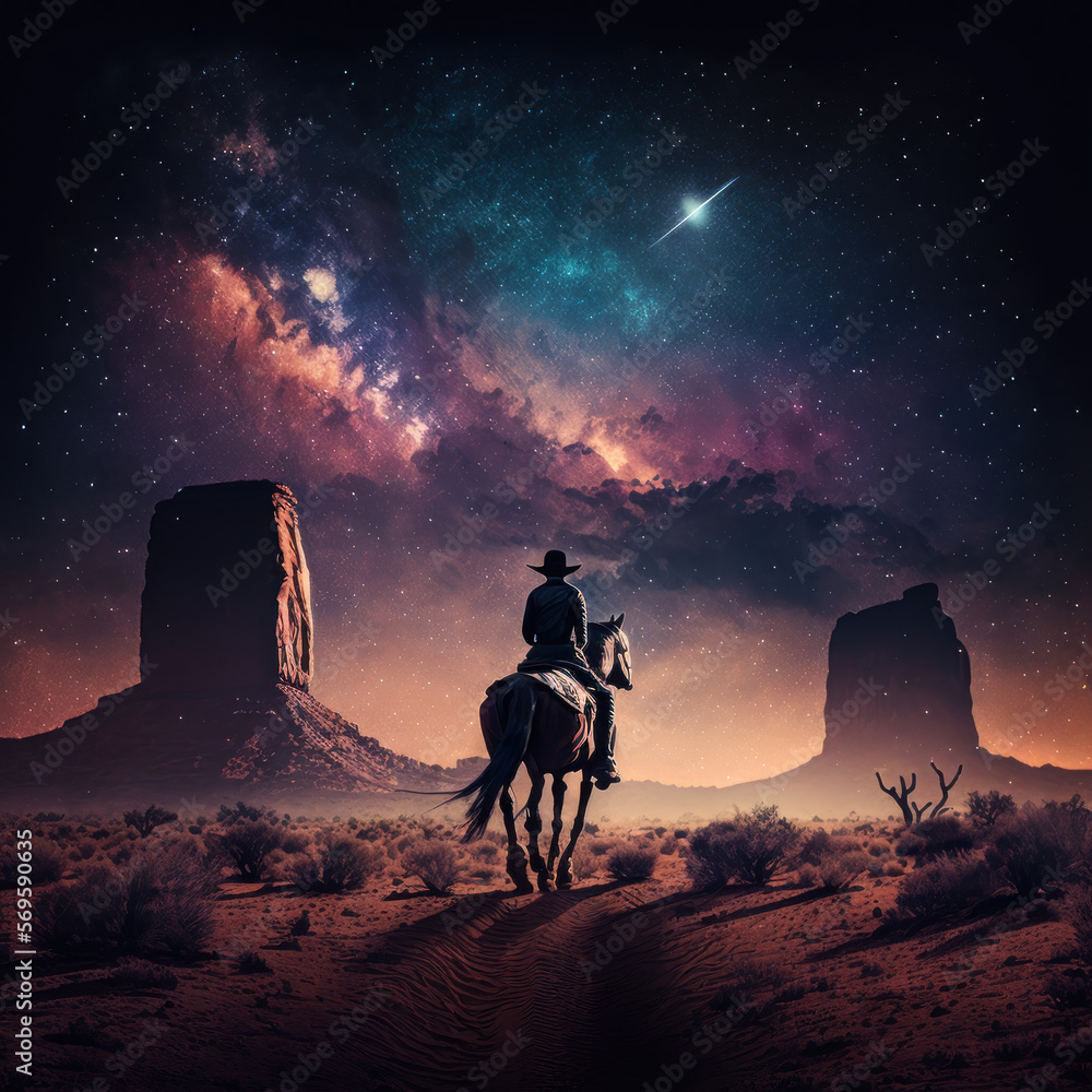 Western Cowboy riding his horse at night under the milky way galaxy