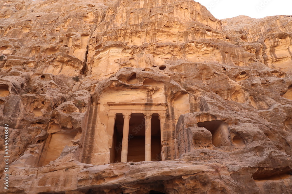 Temple above cave rooms, little Petra, Siq al-barid, Petra, Jordan