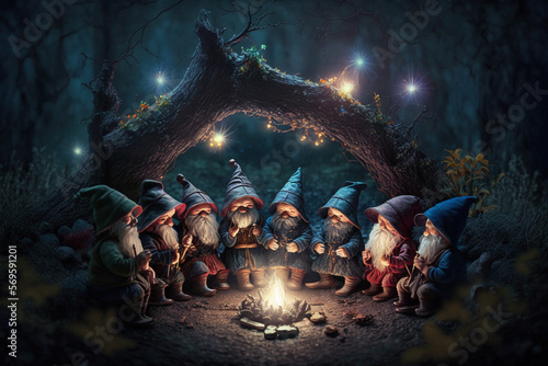Dwarves sit in a forest around a bonfire