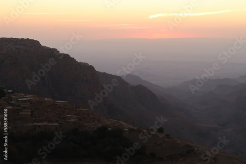 The village of Dana and the Dana Valley next to it after sunset, Dana, Jordan