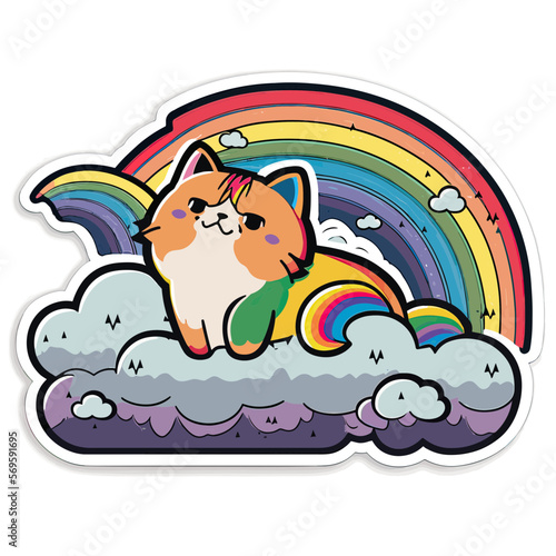 A Nyan Cat On A Cloud In Front Of A Rainbow. Editable Vector Illustration. Die Cut Sticker.