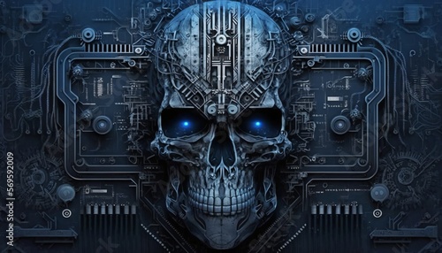 electronic circuit board with human skull processor, evil dark supercomputer, generative ai photo